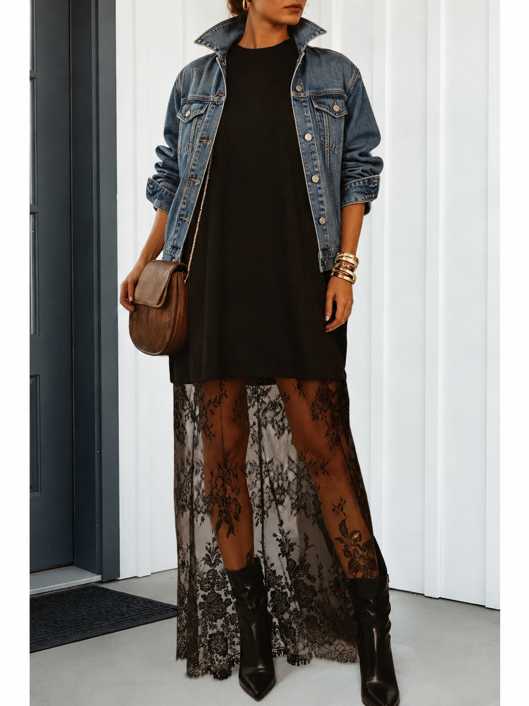 A woman models a layered outfit featuring a black midi dress, a blue denim jacket, sheer black floral lace tights, and black leather ankle boots, while carrying a brown leather shoulder bag.